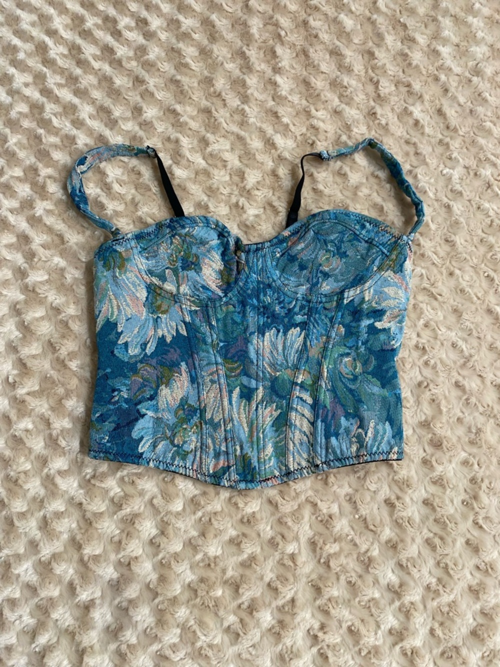 Vintage inspired Women XS New blue floral jacquard bustier tops corset